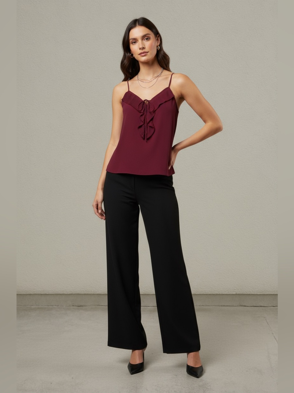 Pleated Ruffle Wine/ Burgundy Cascade Cami
